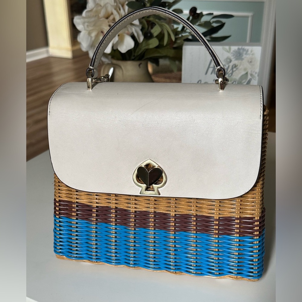 Kate Spade white leather and striped woven wicker purse with shoulder strap